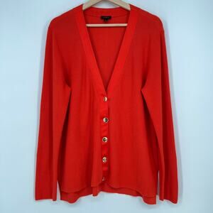 Talbots Cardigan Sweater Womens L Orange V Neck Ribbed Knit Gold Toned Button